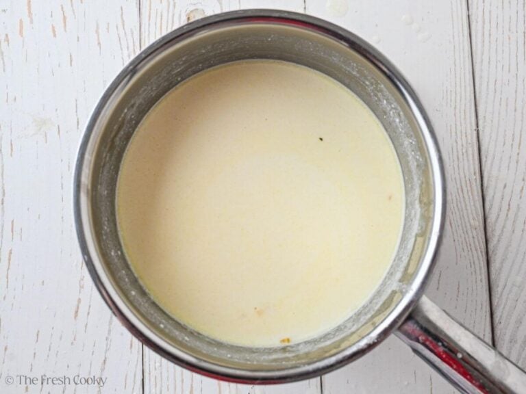 Half and half added to the saucepan.