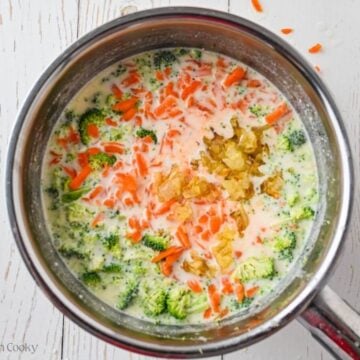 Vegetables placed in the milk mixture in a pot.