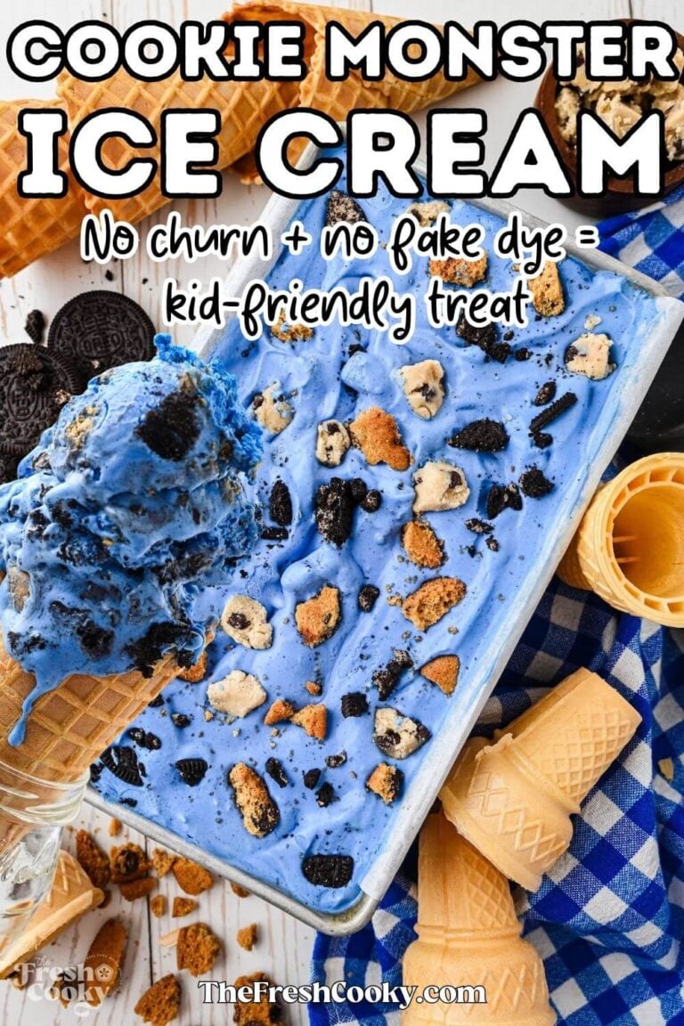 Bright blue cookie monster ice cream with loads of pieces of cookies and cookie dough, also scooped on a waffle cone, for pinning.