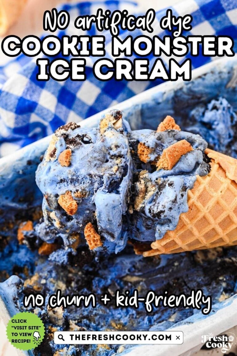 A waffle cone filled with a few scoops of bright blue cookie monster ice cream loaded with pieces of cookies. To pin.