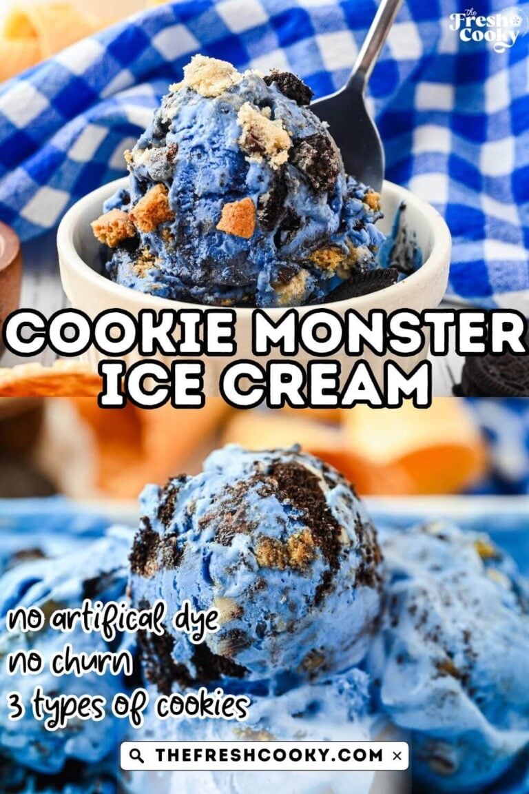 Scooping bright blue cookie monster ice cream into a white dish, and scoops on top of the loaf pan, all swirled with pieces of cookies, to pin.