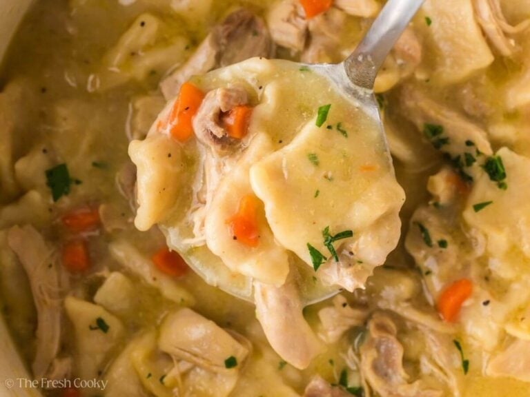 Overhead shot of a ladle of chicken and dumplings hovering over the pot.