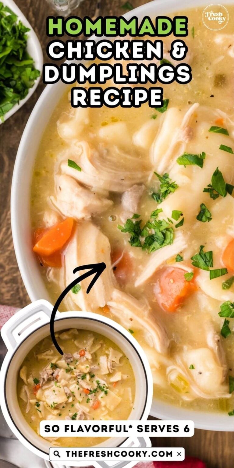 A large bowl of creamy, thick chicken and dumplings (flat noodle style) and an inset with the soup pot filled with the creamy soup, to pin.