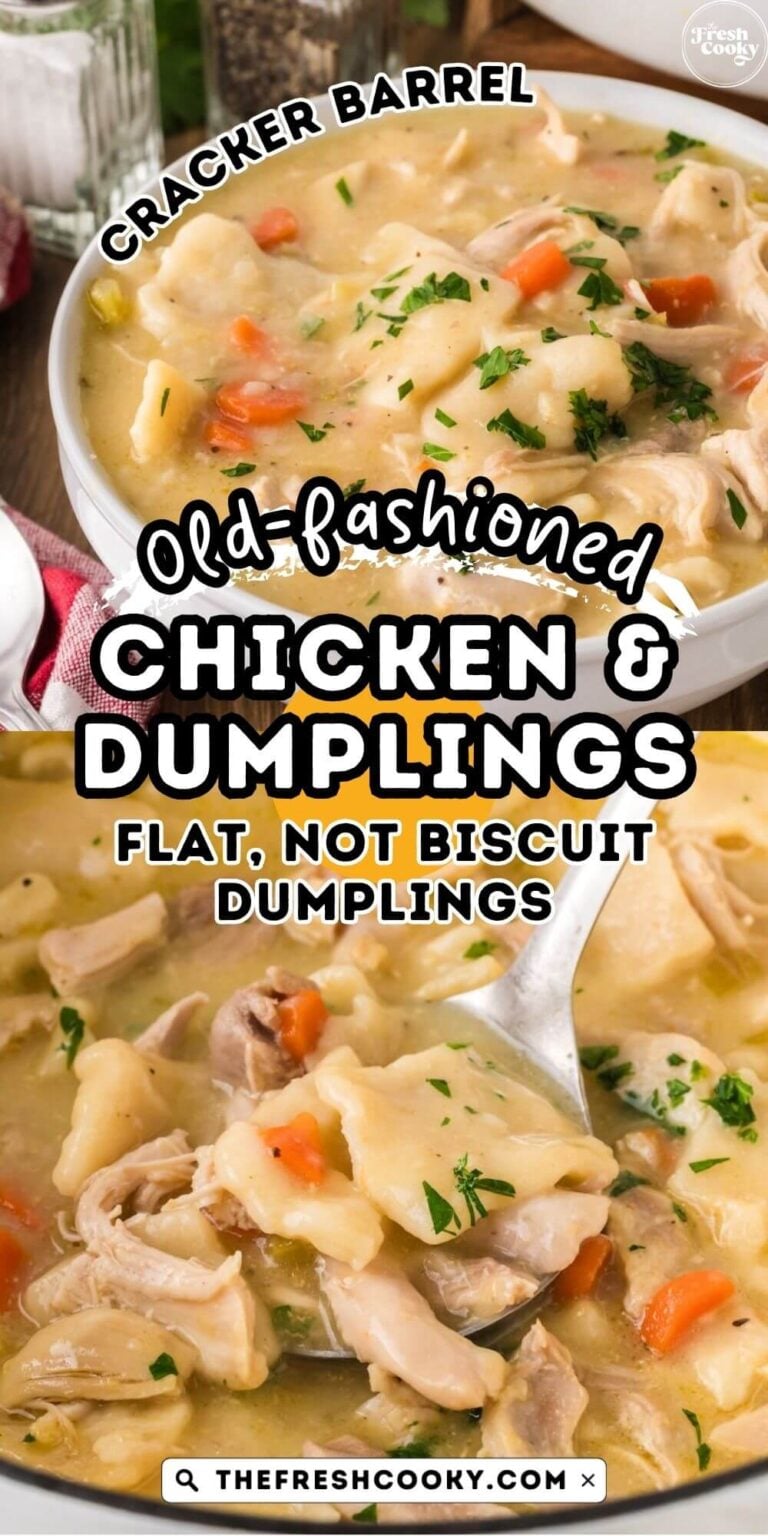 A bowl of old-fashioned chicken and dumplings and a spoon with a healthy, creamy bite with chicken and a dumpling on the spoon, for pinning.