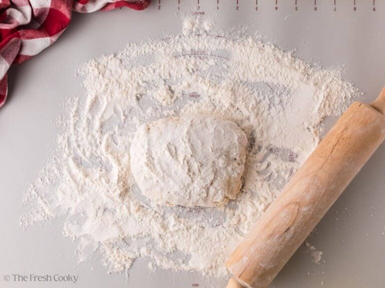 Dumpling dough with more flour placed on top.