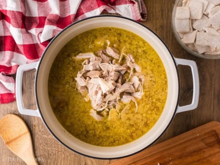 Shredded chicken added back to the soup.