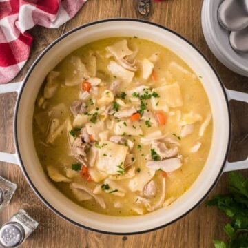 Copycat cracker barrel chicken and dumplings in a large pot.
