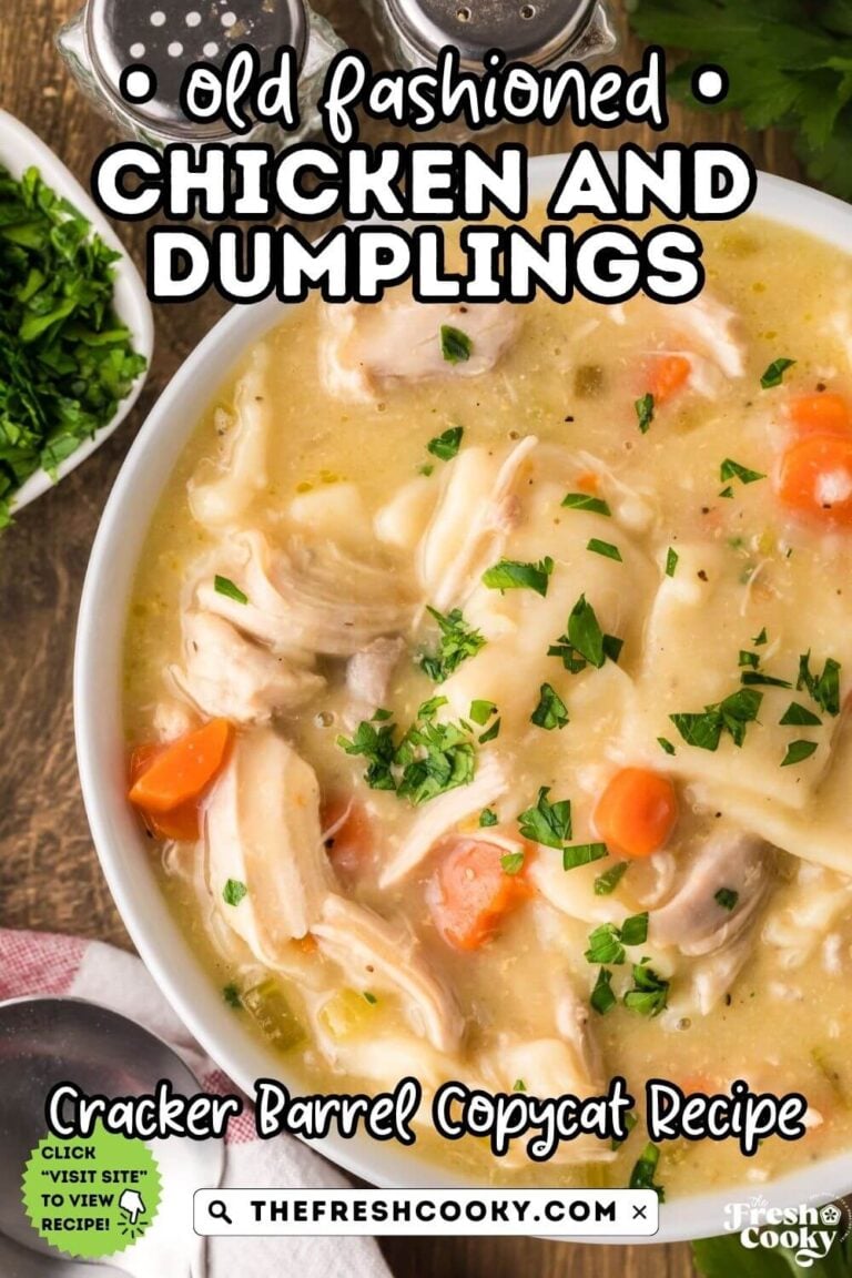 A pretty white bowl filled with chicken and dumplings, flat noodle style, topped with fresh parsley, for pinning.