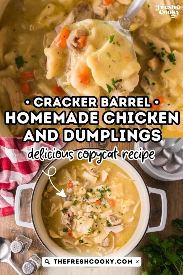 A ladle pulling a scoop of cracker barrel homemade chicken and dumplings and a Dutch oven filled with the golden, creamy chicken and dumpling stew, for pinning.