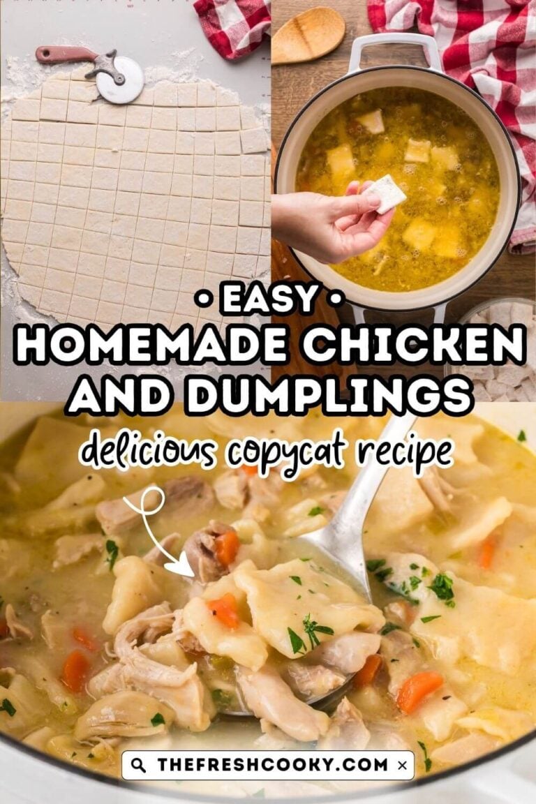 Steps in making chicken and dumplings, showing flat dumplings, being cut, adding to the chicken soup and finished soup, being ladled out, for pinning.