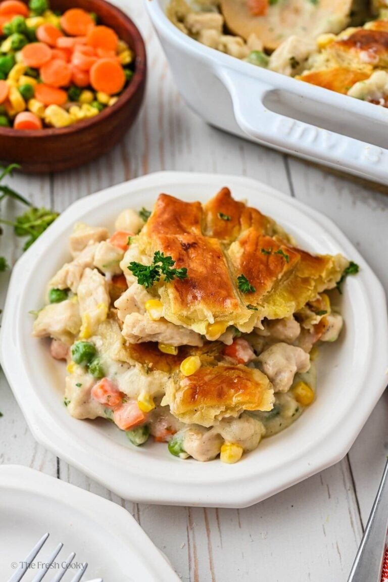 Plate of chicken pot pie on a white plate.
