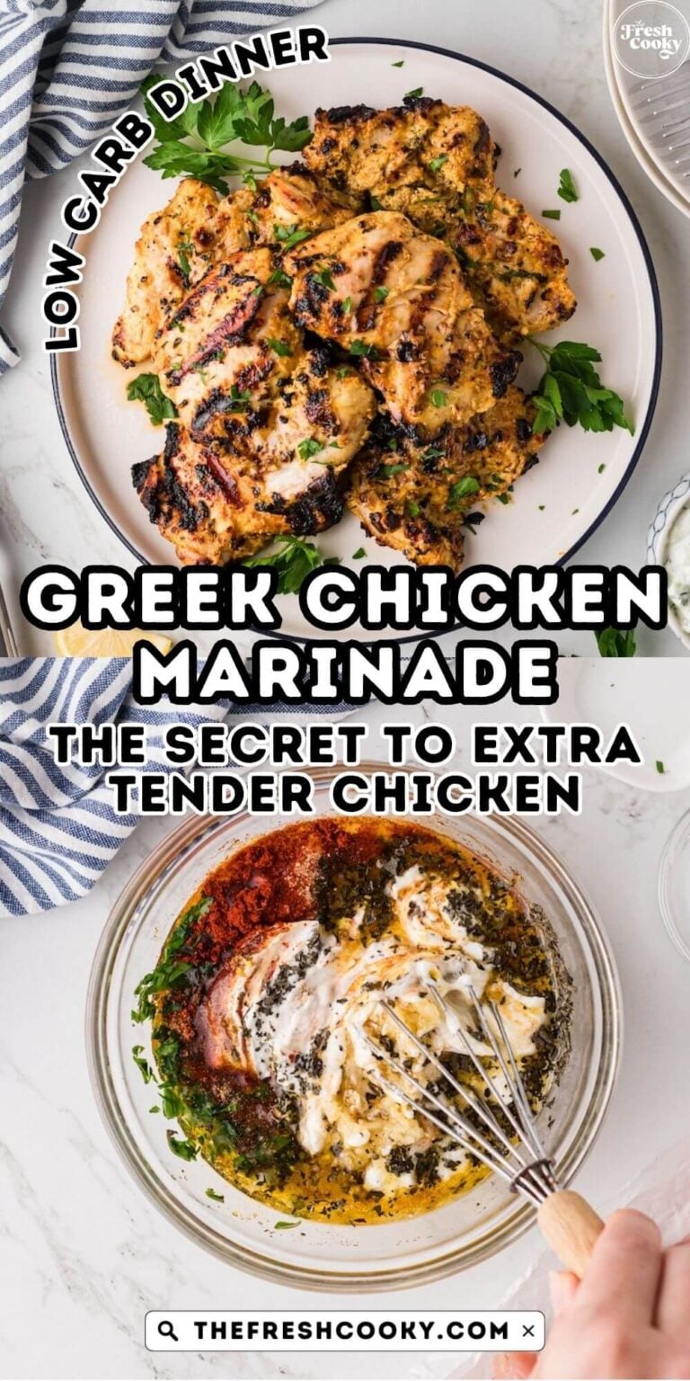 Ingredients in a bowl for Greek chicken yogurt marinade and grilled chicken thighs on a plate, ready to eat. For pinning.