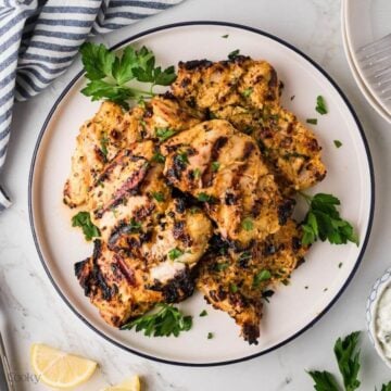 A white and blue plate with grilled chicken piled high and topped with fresh parsley.