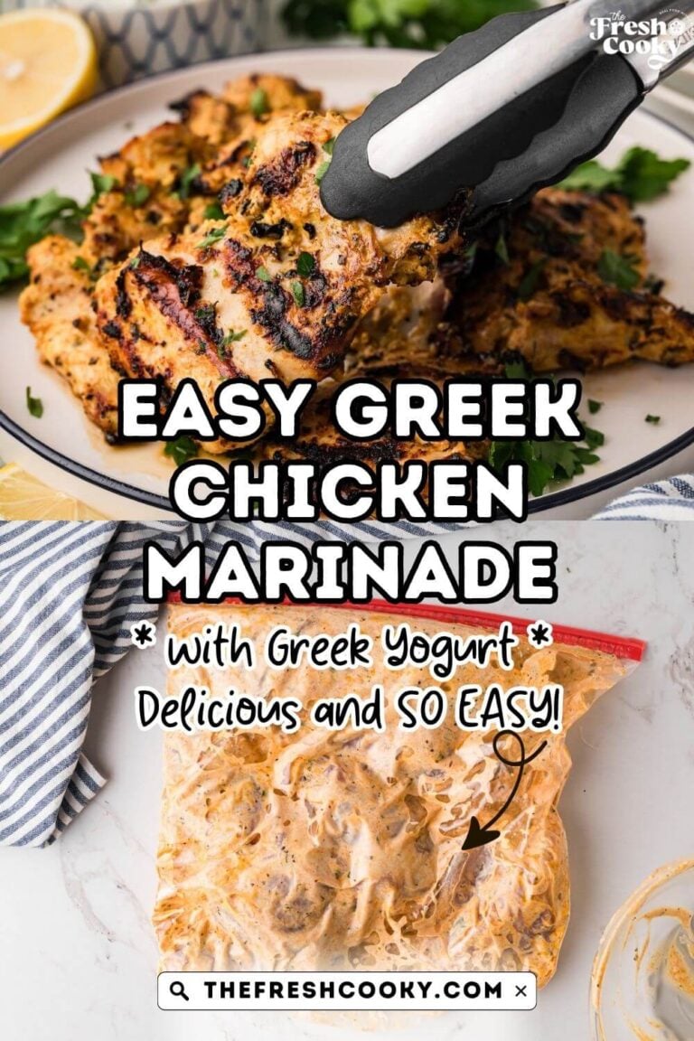 Chicken marinating in Greek yogurt marinade and grilled with tongs placing a piece on a plate piled high with grilled chicken. For pinning.