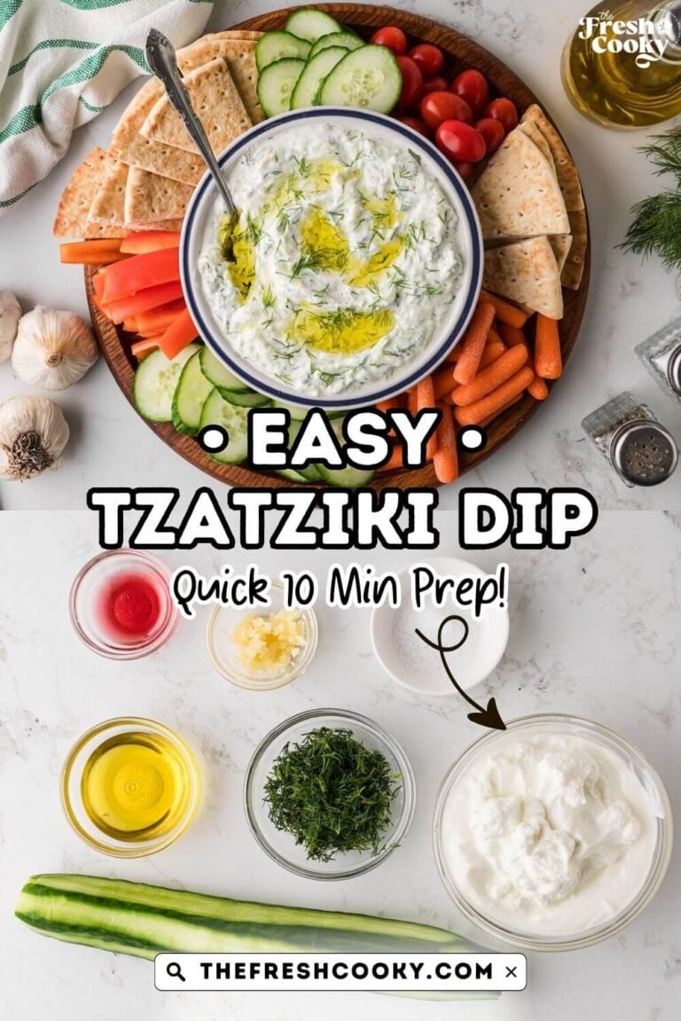 Ingredients for tzatziki sauce, L-$ red wine vinegar, minced garlic, salt, full-fat yogurt, fresh dill, olive oil and the dip assembled and surrounded by fresh veggies and pita bread for dipping. To pin.