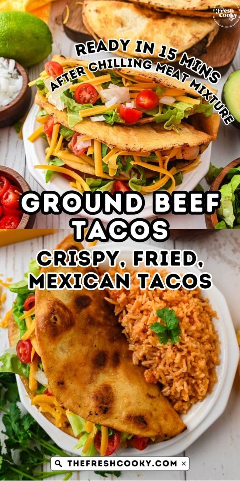 A couple of stuffed tacos on a plate, filled with taco meat, cheese, and other toppings and a single taco in a plate with Spanish rice, for pinning.