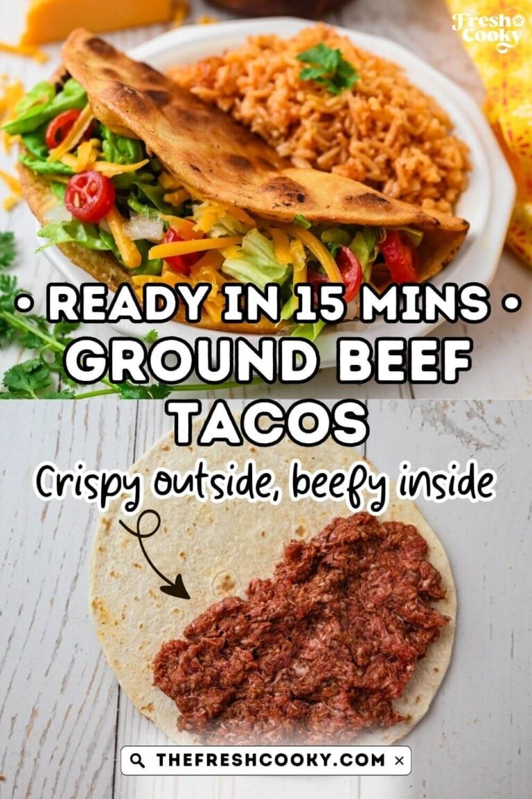 Seasoned ground beef pressed onto a flour tortilla shell, and the fried tacos on a plate, stuffed with cheese, onions, tomatoes, lettuce, to pin.
