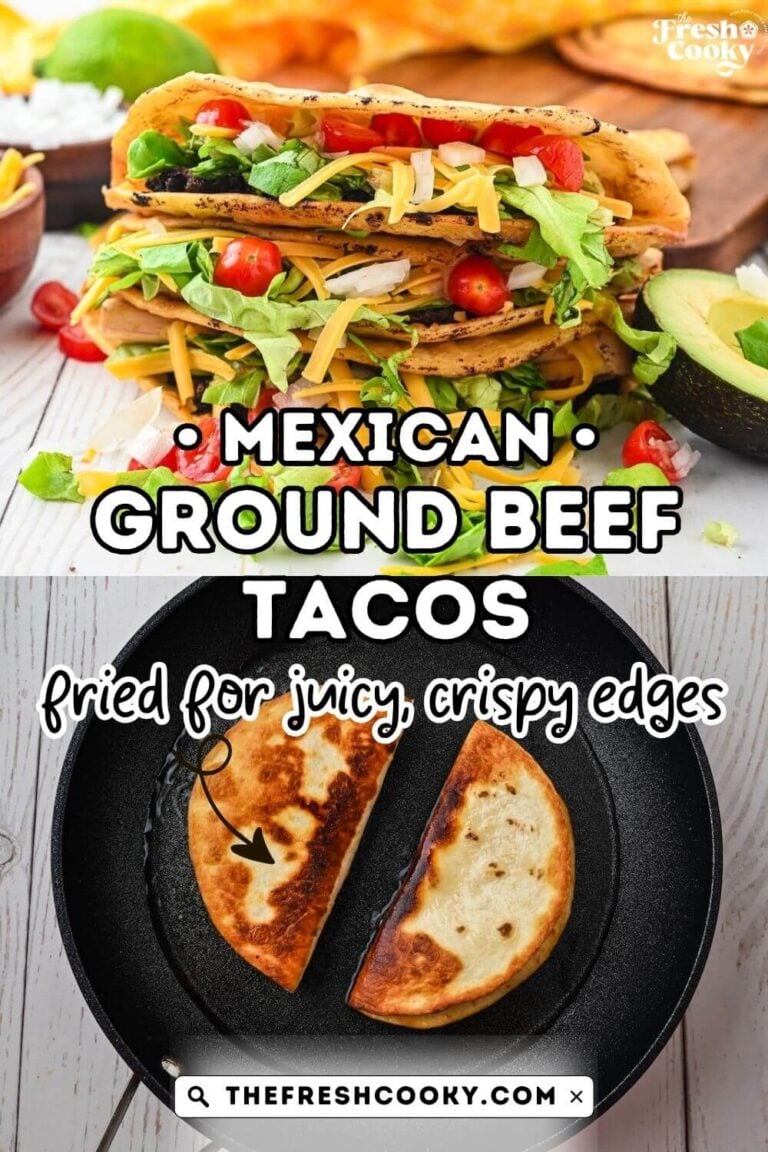 Tacos being fried in a skillet with oil, and ground beef tacos stuffed with traditional toppings stacked on each other, for pinning.