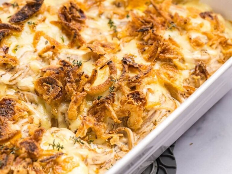 Close up shot of a baked pork chop casserole.