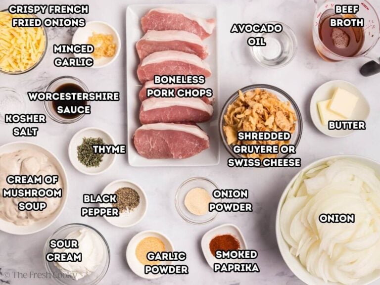 Ingredients needed to make pork chop casserole.