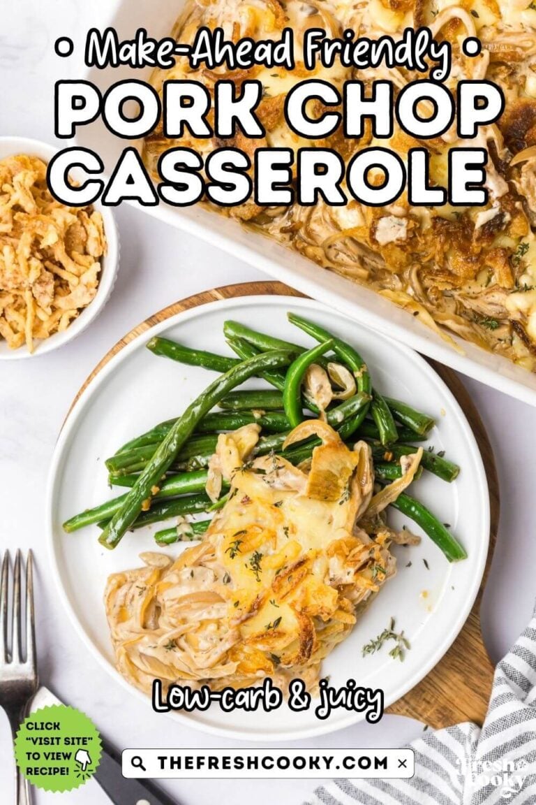 A serving of a cheesy, oniony pork chop casserole on top of fresh green beans with casserole in background, for pinning.