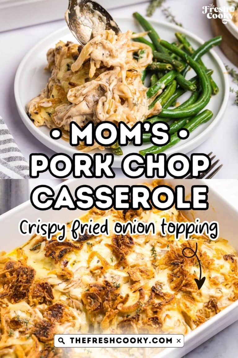 Top image of serving of pork chop casserole with green beans on a pretty white plate, bottom image of pork chop casserole in casserole dish, to pin.