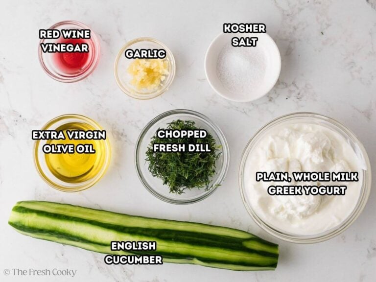 Ingredients needed to make homemade tzatziki sauce.