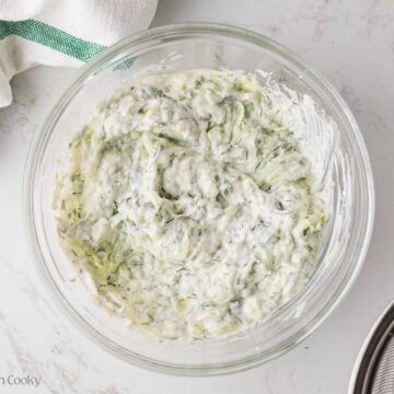 Tzatziki sauce mixed together in a large bowl.