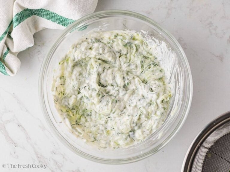 Tzatziki sauce mixed together in a large bowl.