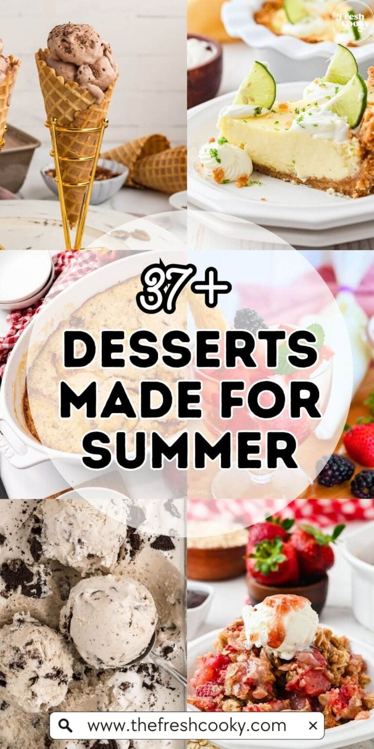 Best summer desserts round up pin, for pinning. L-R Chocolate ice cream in a cone, key lime pie, peach cobbler, strawberry shortcake, cookies and cream ice cream, strawberry crisp.