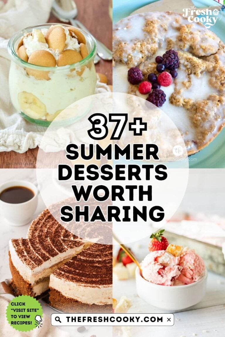37+ summer desserts worth sharing, L-R Magnolia banana pudding, blueberry crumble, no bake tiramisu cheesecake, strawberry shortcake ice cream, for pinning.