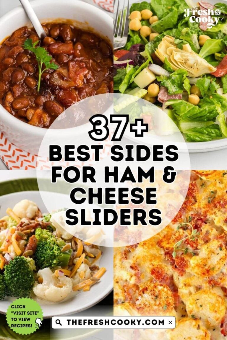 Best sides for ham and cheese sliders, L-R, baked beans, Mexican chopped salad, broccoli and cauliflower salad, hashbrown casserole, to pin.