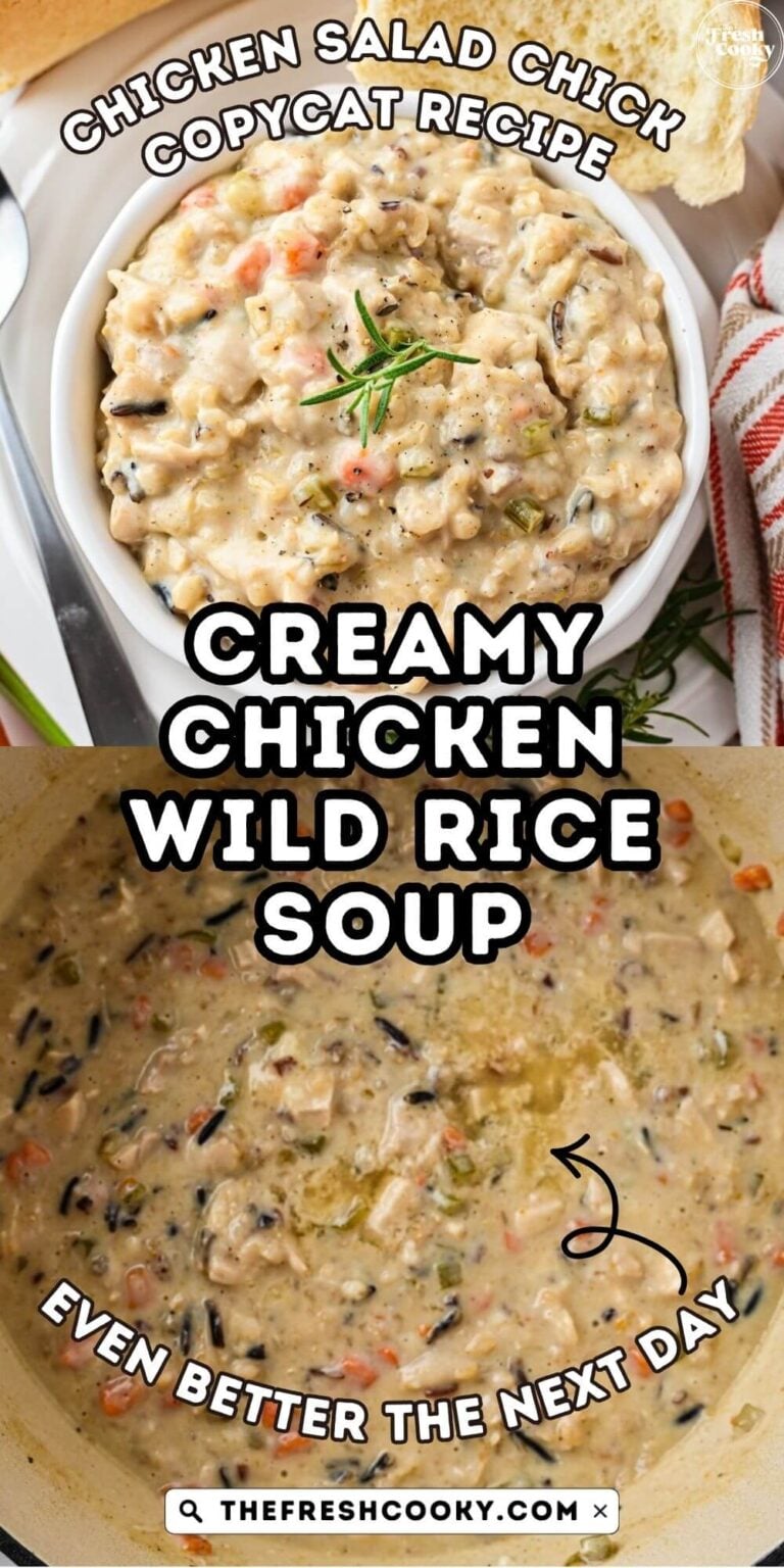 Creamy chicken and wild rice soup in a pretty white bowl with crackers and the creamy soup in a Dutch oven, for pinning.