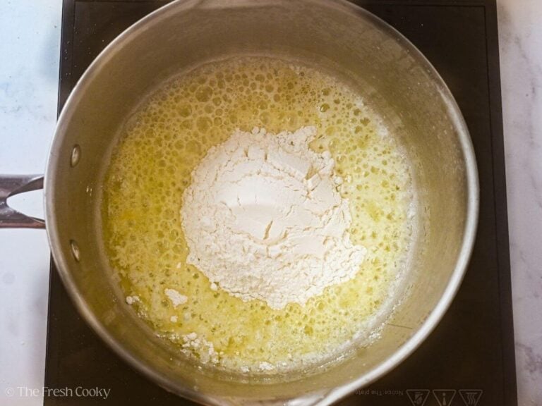 Flour added to the saucepan with butter.
