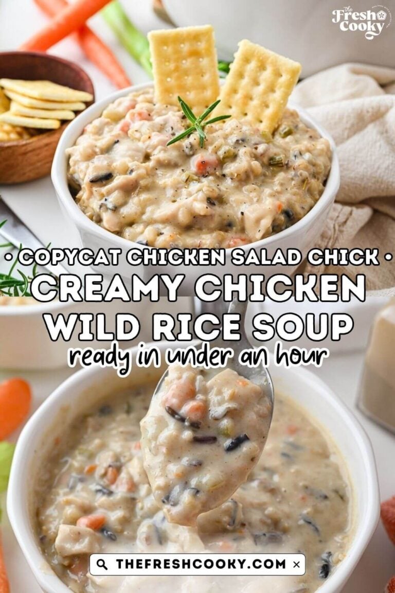A white bowl of creamy chicken and wild rice soup, a Chicken Salad Chick Copycat recipe, and a spoon taking up a spoonful, for pinning.