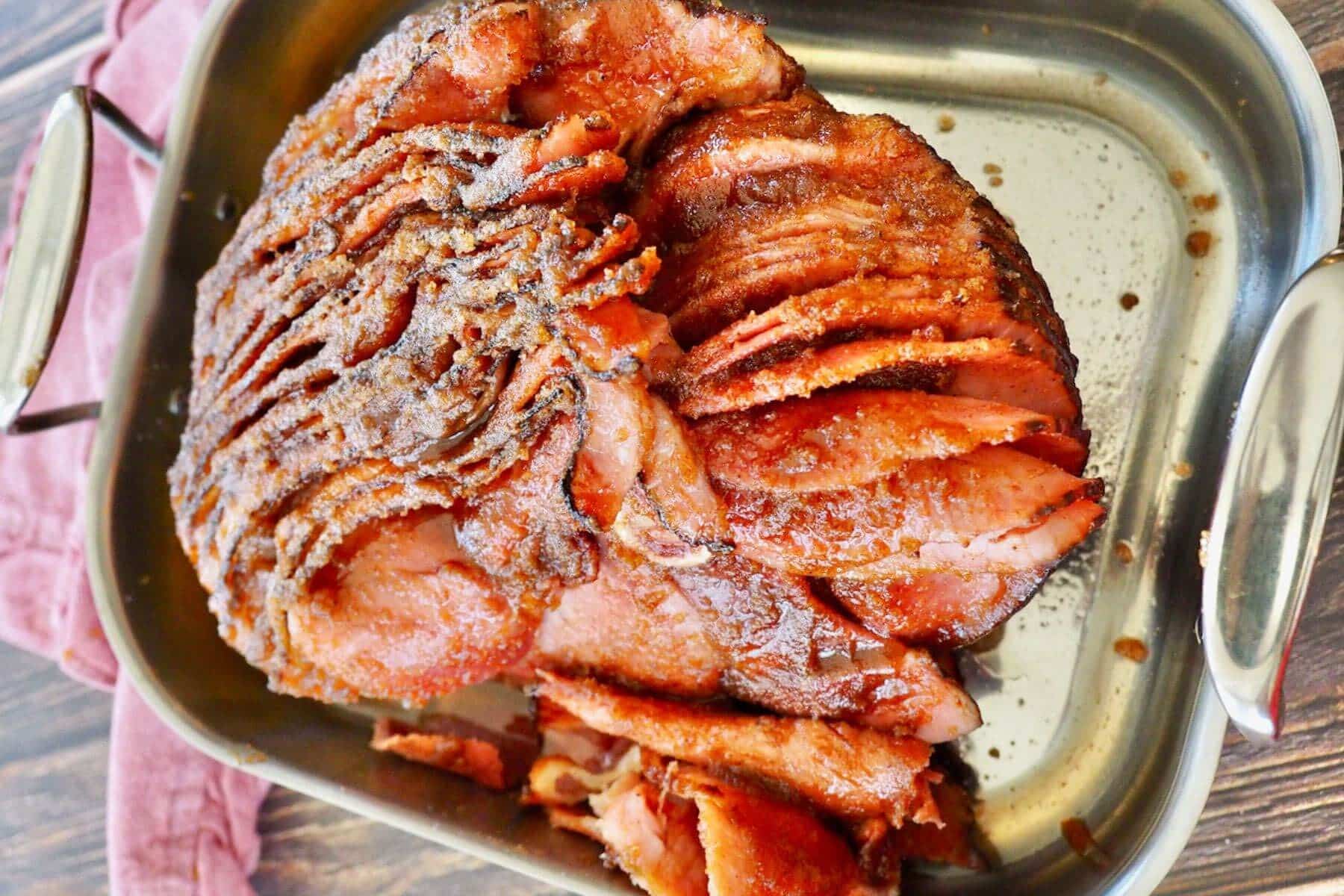Costco Spiral Sliced ham crusty with a sugar and spice glaze baked on.