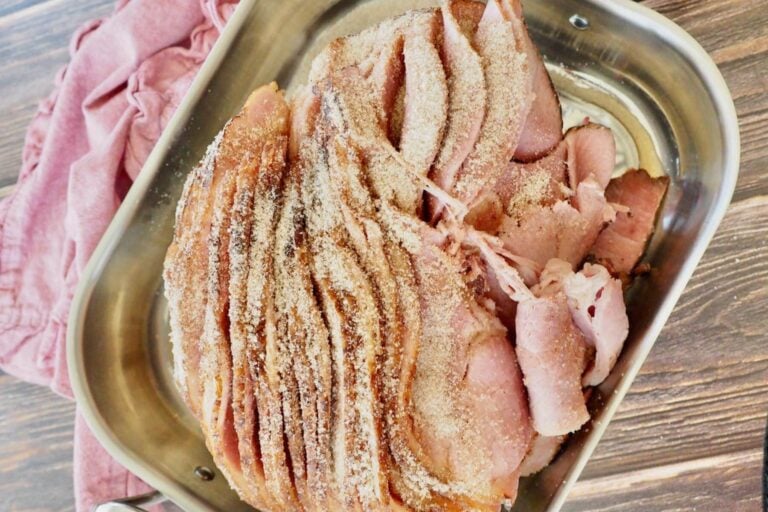 Spiral sliced costco ham with sugar spice mixture on top.