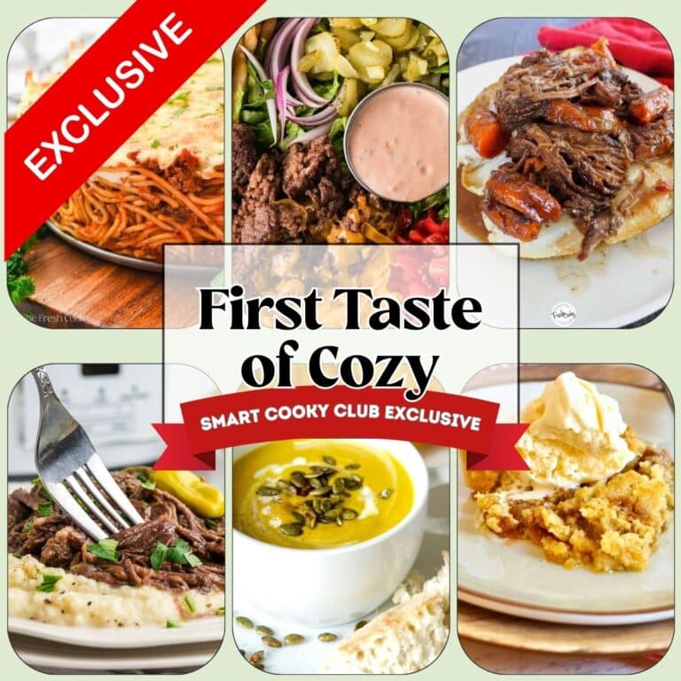 Meal plan graphic, with 6 images, First Taste of Cozy, L-R spaghetti pie, burger bowl, Sunday pot roast, Mississippi pot roast, Autumn squash soup, caramel apple dump cake.