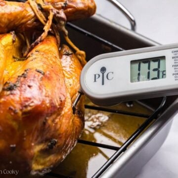 Meat thermometer placed into the thigh of the turkey.
