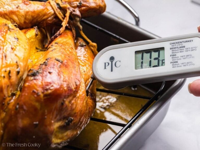 Meat thermometer placed into the thigh of the turkey.