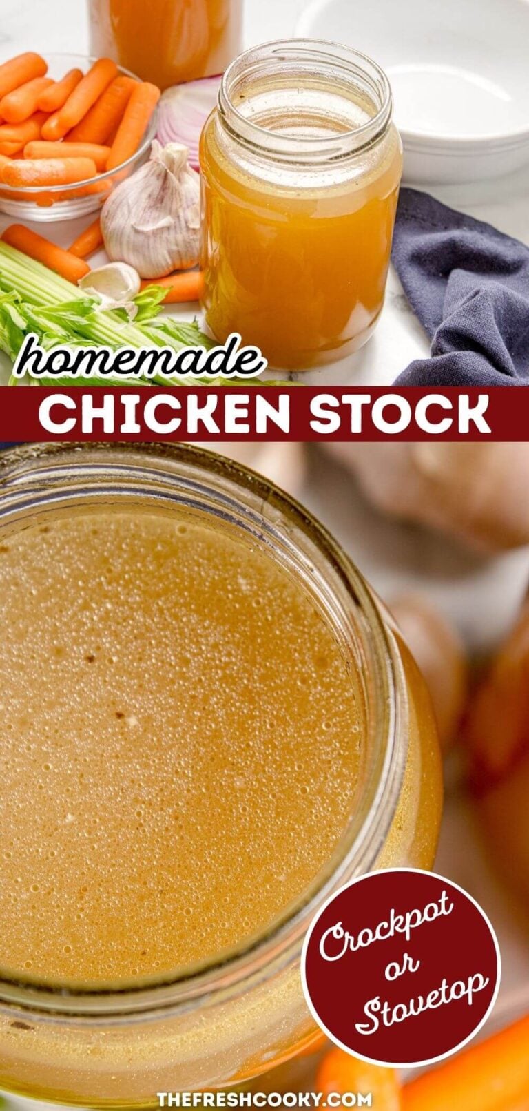 Homemade chicken stock in a glass jar, ready for recipes, to pin.