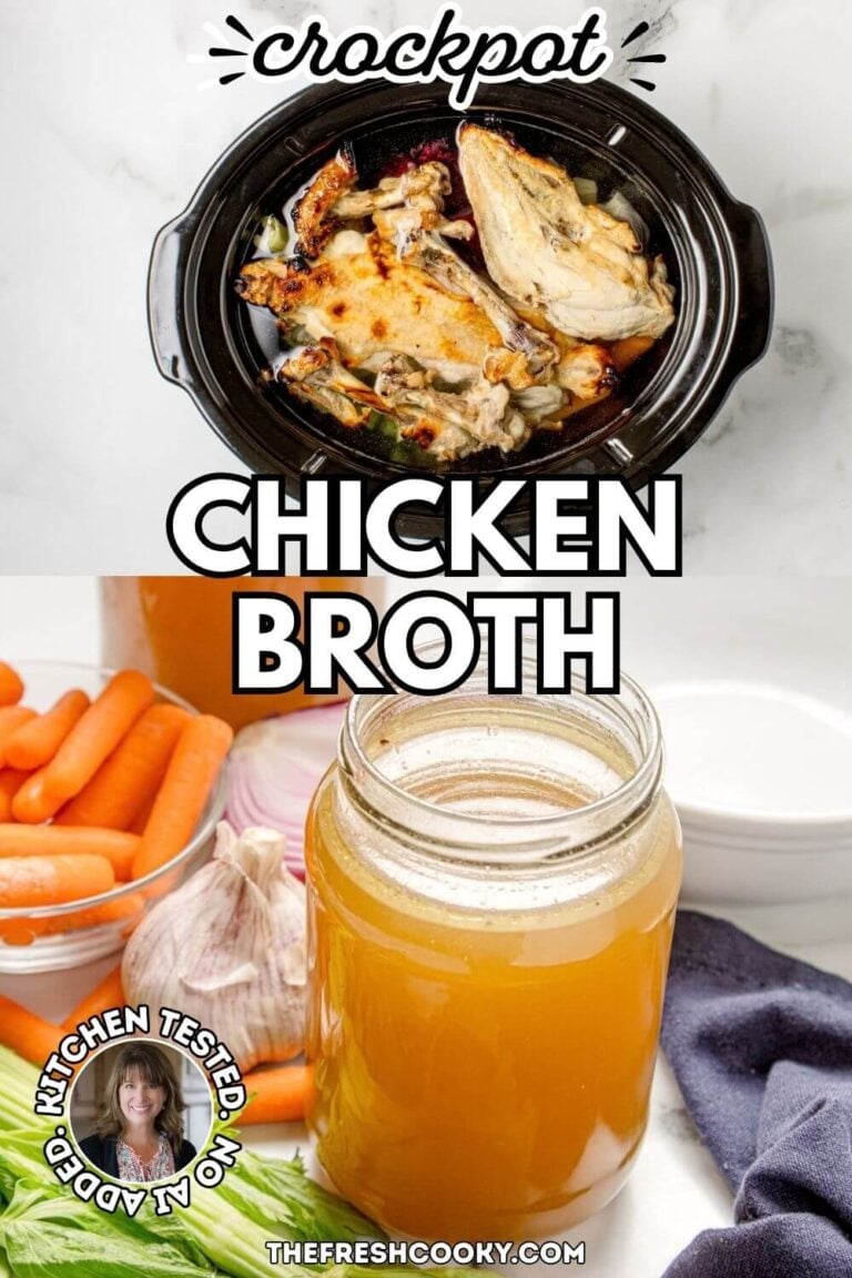 HOmemade chicken stock in a crockpot, with all of teh carcass, veggies and ingredients and in a jar ready to serve or sip, for pinning.