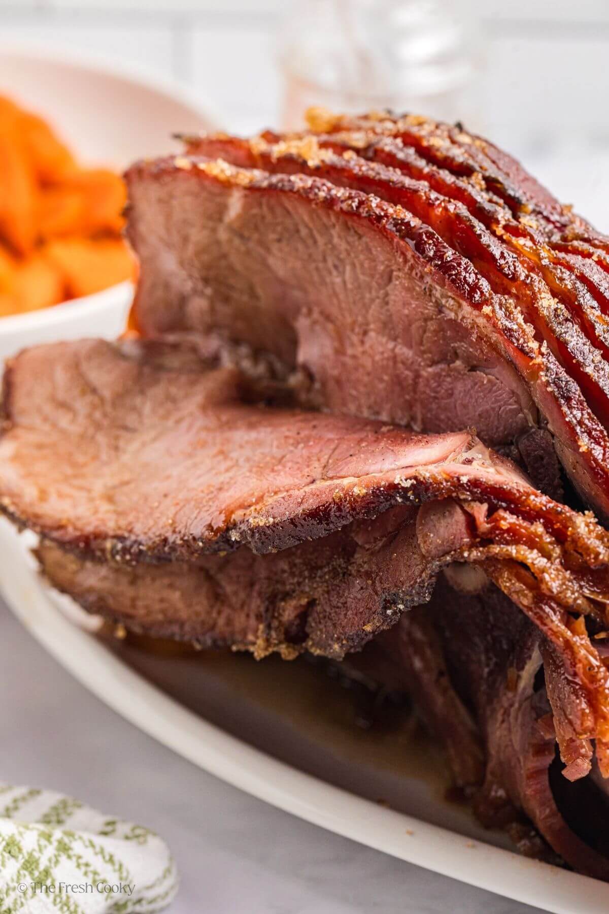 Spiral sliced ham finished and on a platter.