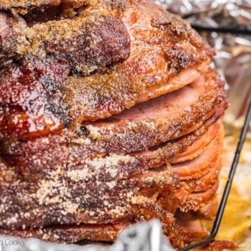 Glazed spiral ham after first broil.
