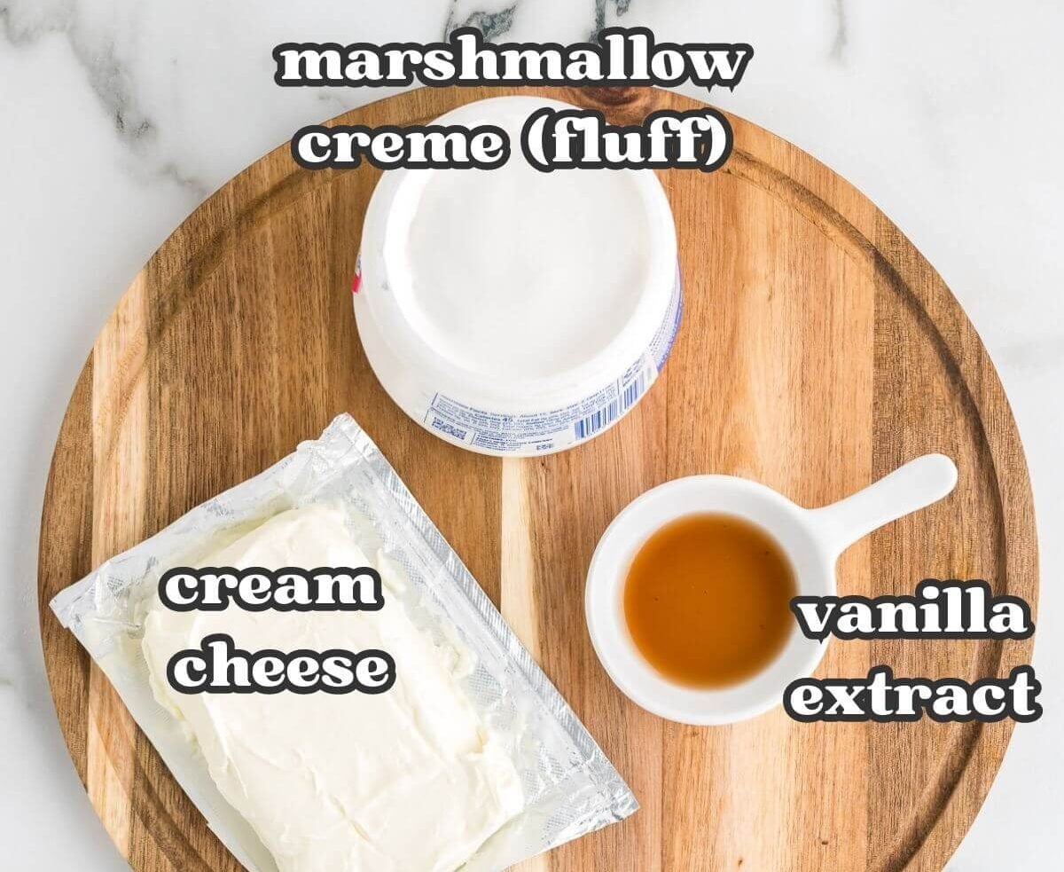 Fruit dip with marshmallow fluff labeled ingredients.