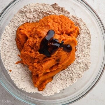 Pumpkin puree and vanilla added to the cake mix.