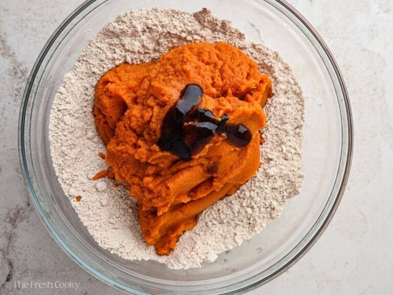 Pumpkin puree and vanilla added to the cake mix.