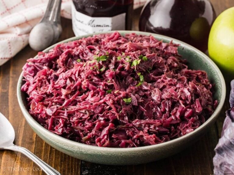 Bowl of rotkohl German braised cabbage in a large bowl.