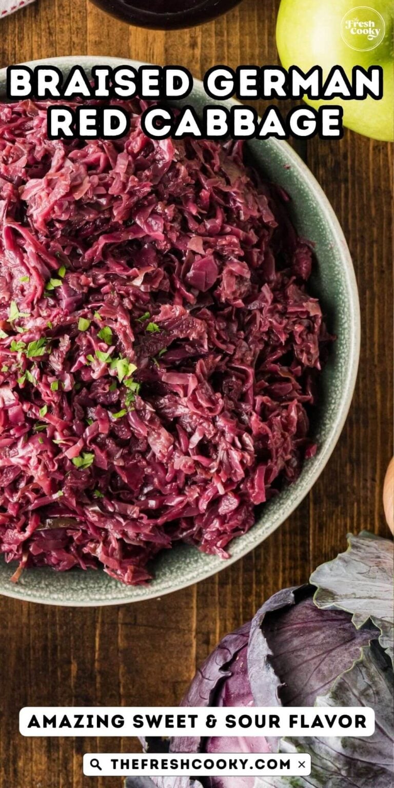A pretty serving bowl filled with Rotkohl, a purply red, braised German red cabbage, that is sweet and sour, for pinning.