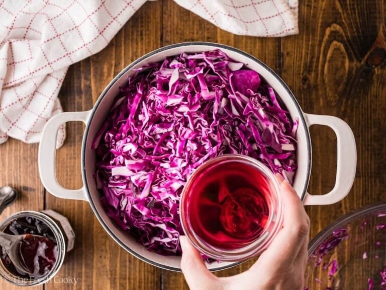 Red wine vinegar added to the pot of cabbage.